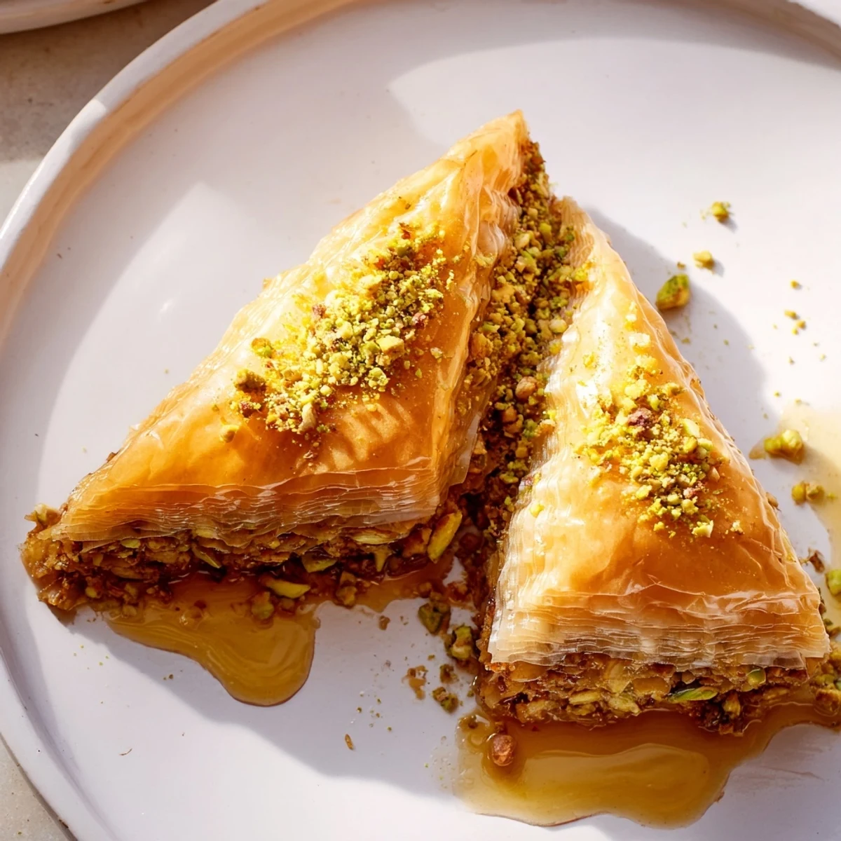 Close-up of crispy, nut-filled Turkish Baklava, a delicious dessert with golden layers.