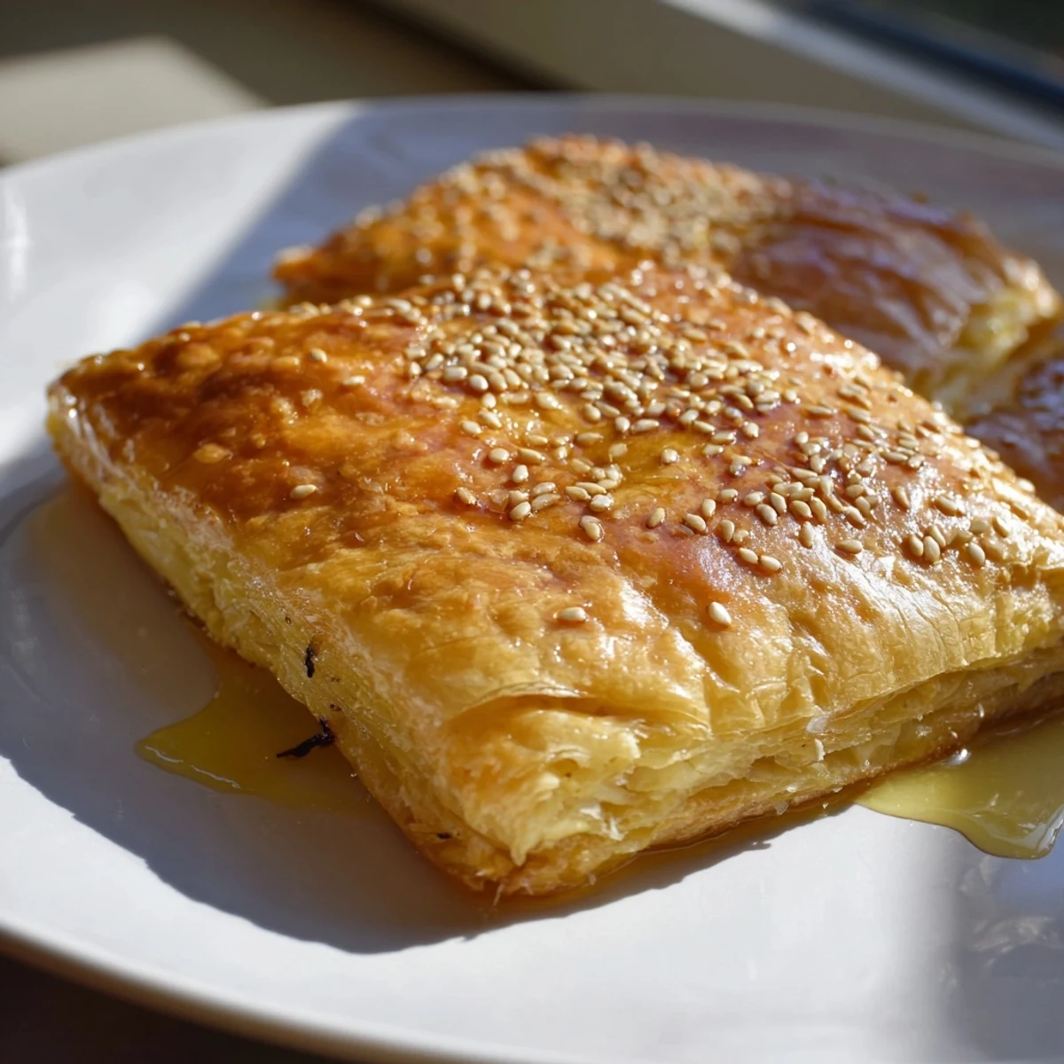 Flaky, golden-brown Moroccan Msemen pastry, pan-fried and ready for a drizzle of honey.