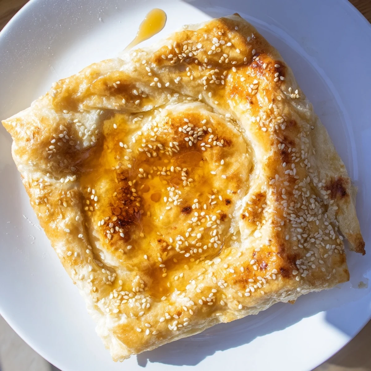 Warm Moroccan Msemen, a traditional breakfast pastry served with a generous honey coating.