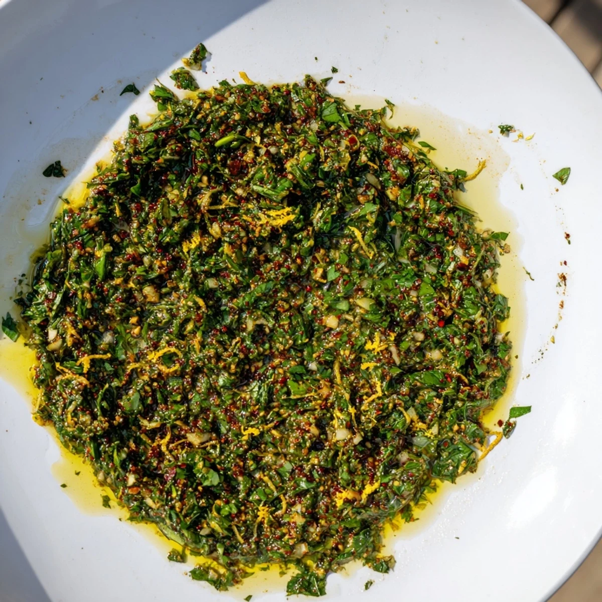 Fragrant Moroccan Chermoula Marinade with fresh herbs and spices ready to coat fish fillets for grilling.
