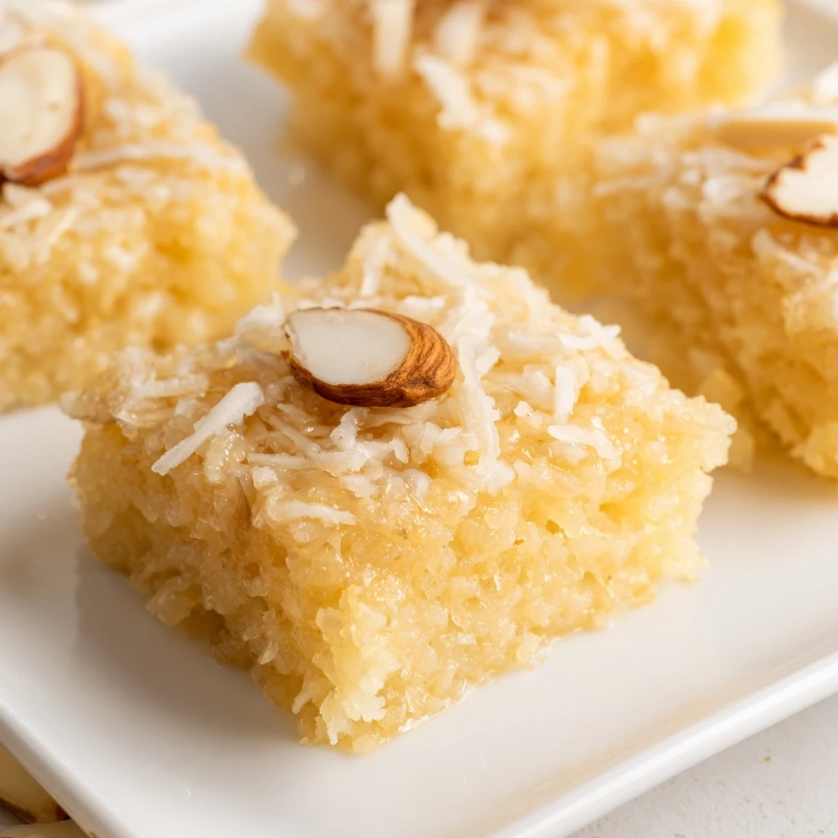 Moist Egyptian Basbousa coconut cake, a golden dessert, is drizzled with sweet syrup, ready to serve.