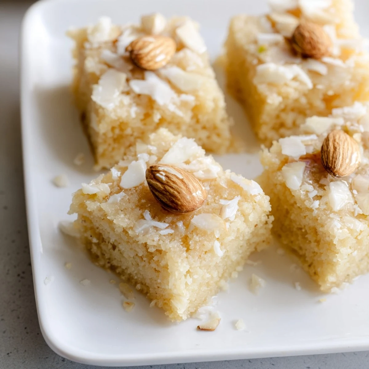 Perfectly baked Basbousa coconut, a traditional Egyptian treat, topped with almonds, awaiting the fragrant syrup.