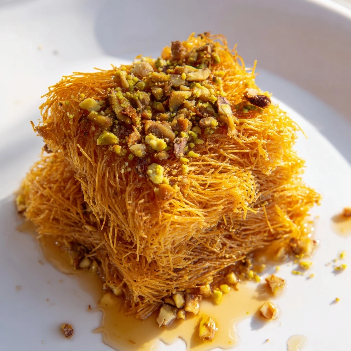 Close-up of freshly baked Egyptian Konafa, showcasing its nutty filling and golden pastry crust.