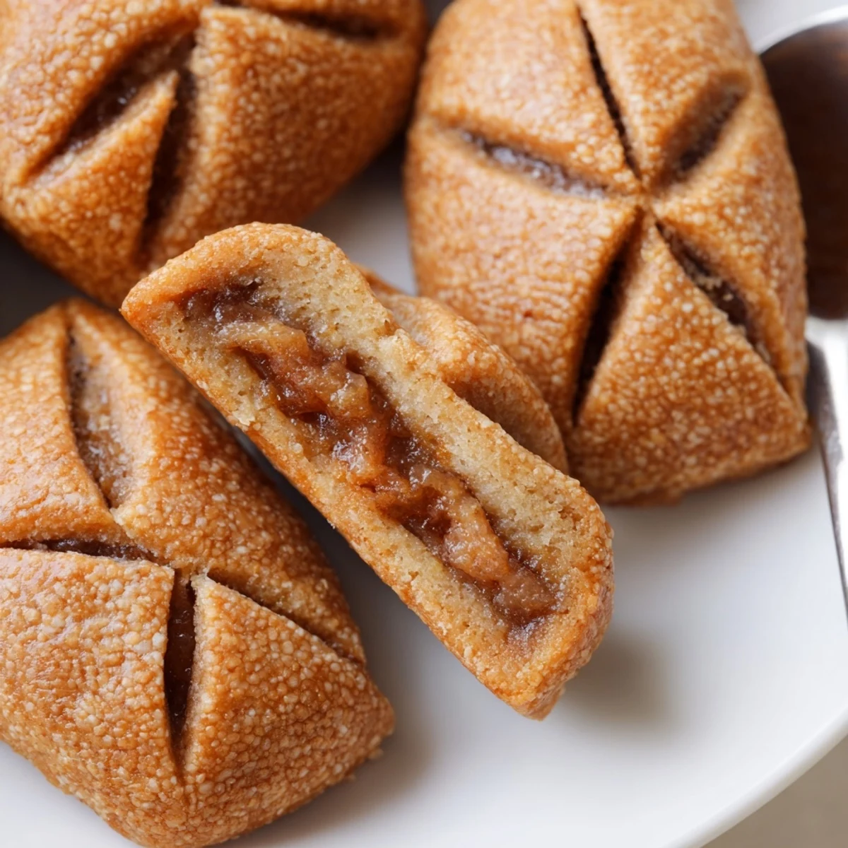Golden fried Tunisian Makroudh cookies, showcasing their diamond shape and glistening date filling.