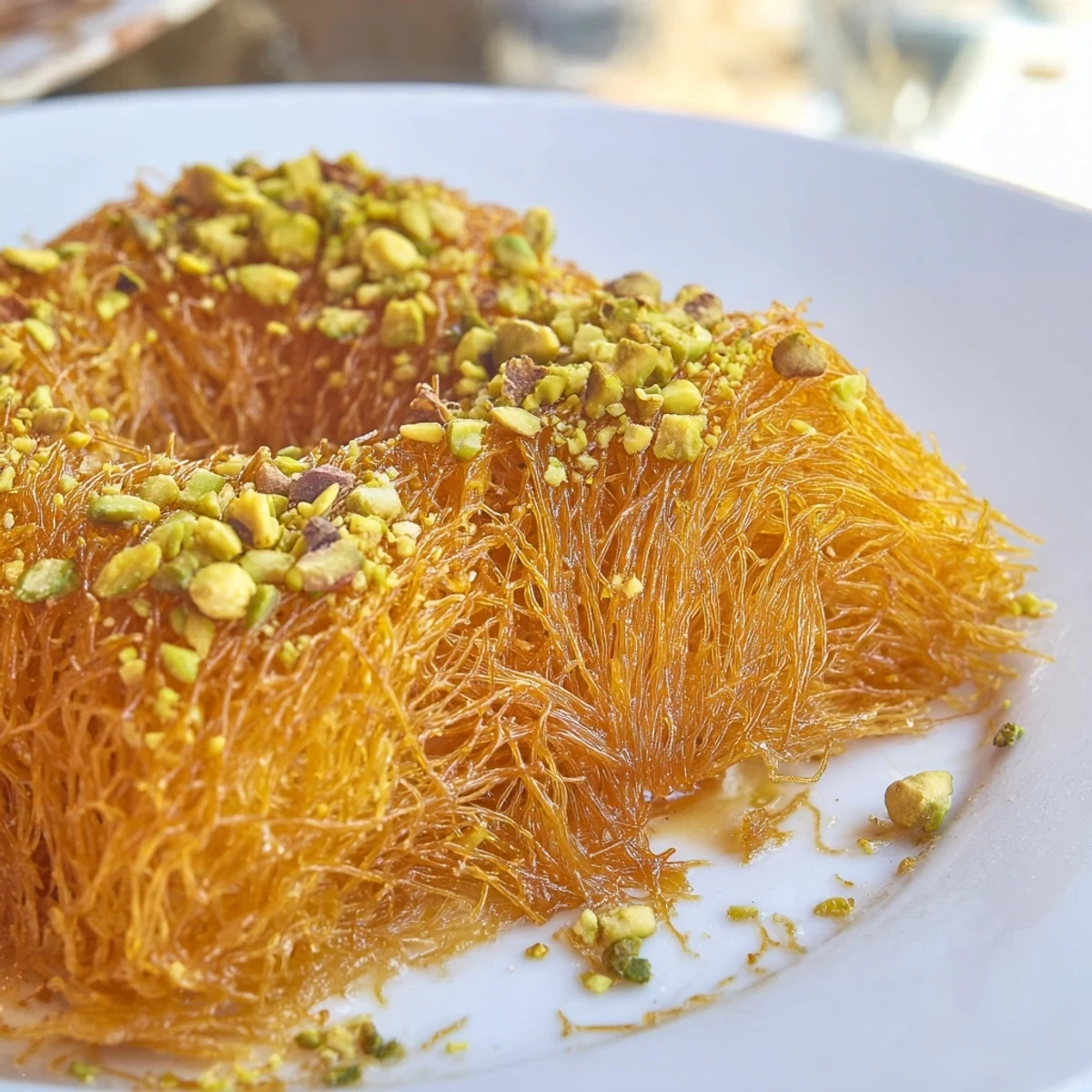 Golden-brown Lebanese Knafeh cheese dessert with a delightful crispy phyllo crust, ready to serve warm.