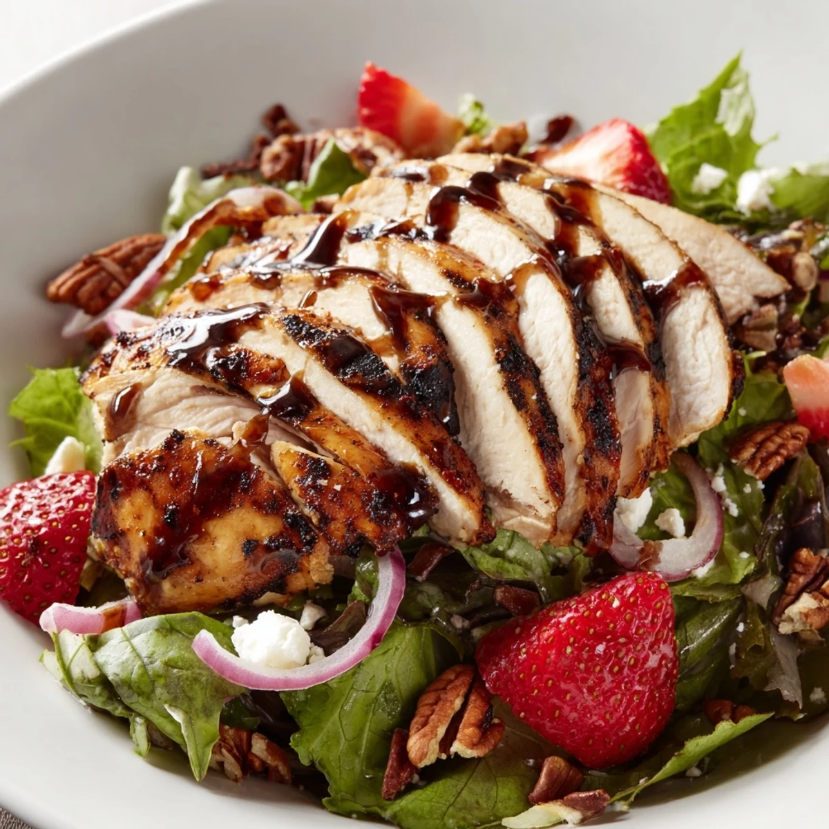 Honey Balsamic Chicken Salad mit gegrilltem Hähnchen, frischen Erdbeeren und cremigem Ziegenkäse auf Blattsalaten.