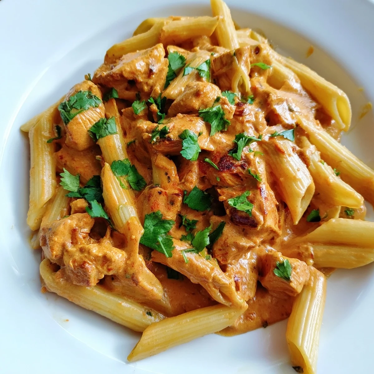 Steaming penne pasta tossed in a creamy tomato masala with tender chicken tikka pieces, topped with fresh cilantro.