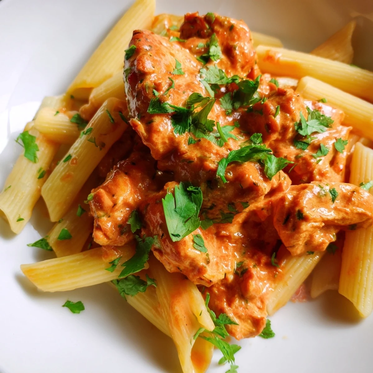 A vibrant bowl of Chicken Tikka Pasta, featuring juicy roasted chicken and a rich, spiced fusion sauce.