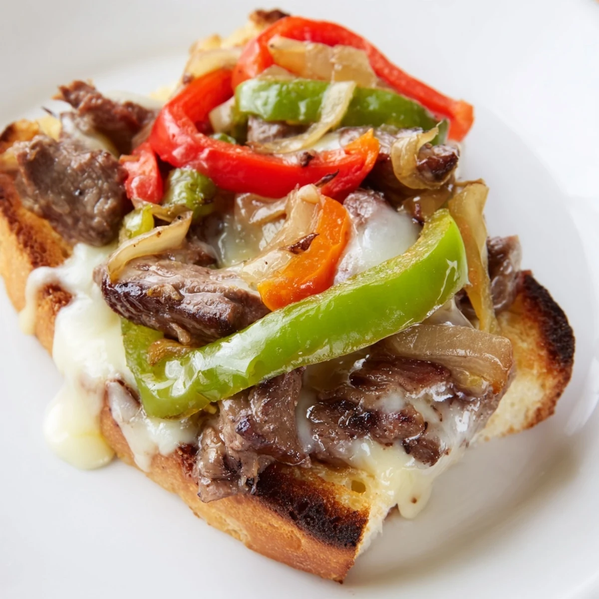 Goldene Philly Cheesesteak Grilled Cheese Sandwiches mit geschmolzenem Provolone, serviert auf einer holzernen Tischplatte.