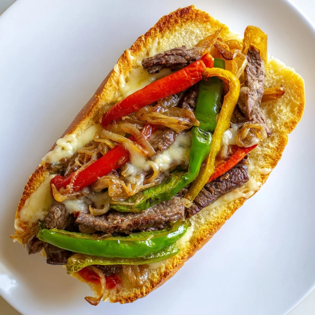 Sautéed Rinderstreifen mit Paprika und Zwiebeln zwischen knusprigen, butterigen Scheiben Brot, perfekt gebraten.