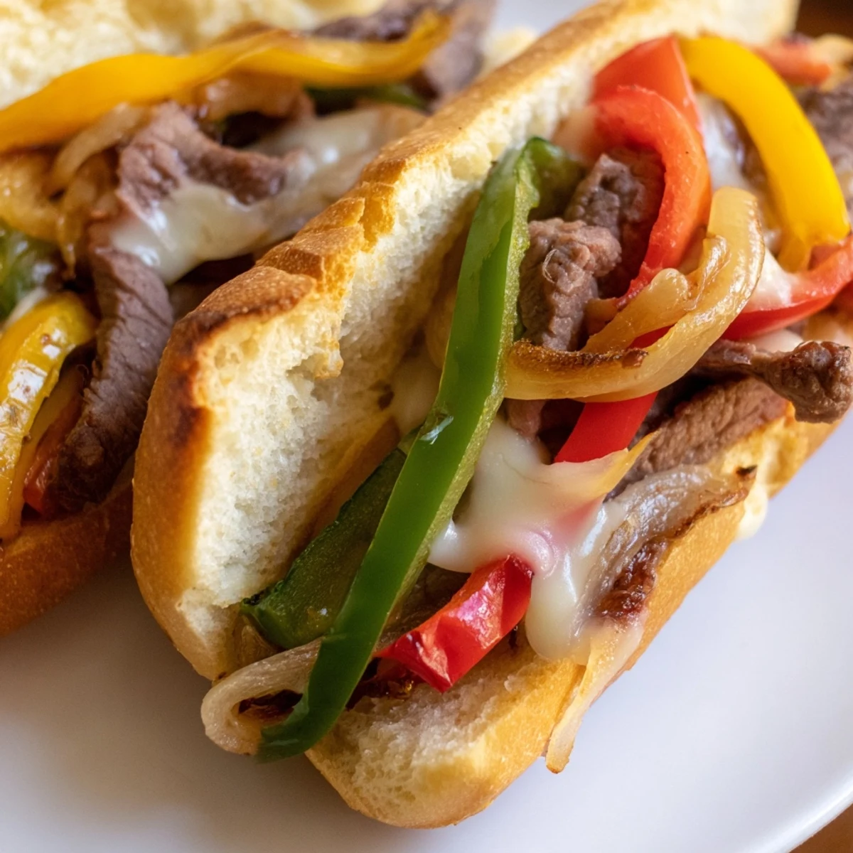 Ein appetitliches Philly Cheesesteak Grilled Cheese Sandwich, gepaart mit Pommes frites und einem frischen Salat.