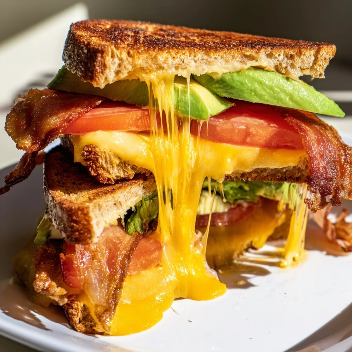 Goldenes Avocado BLT Grilled Cheese mit knusprigem Bacon und geschmolzenem Käse