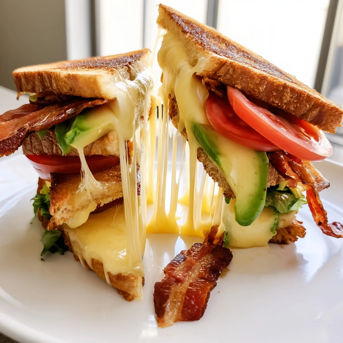 Warmes Avocado BLT Grilled Cheese, belegt mit knusprigem Bacon, Tomate und Salatblättern