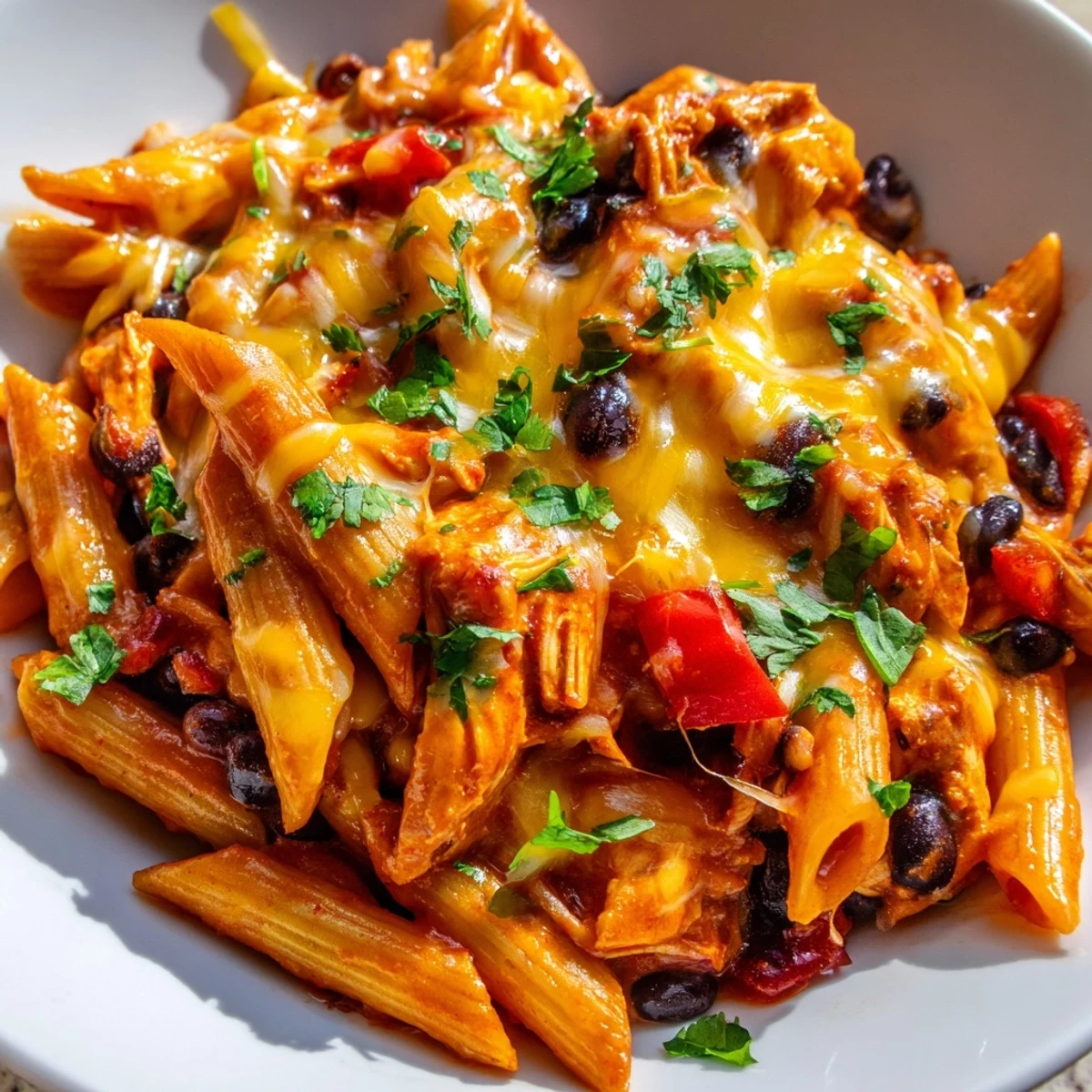 Gekochte Hühnerenchilada-Pasta mit geschmolzenem Käse, schwarzen Bohnen und Paprika im Ofen.