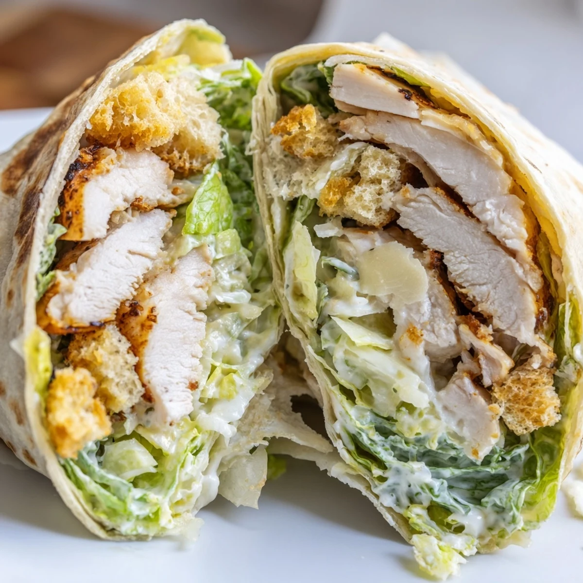 Grilled Caesar Chicken Salad Wrap mit knusprigem Salat, Parmesan und cremiger Caesar-Sauce, serviert in weichen Tortillas.