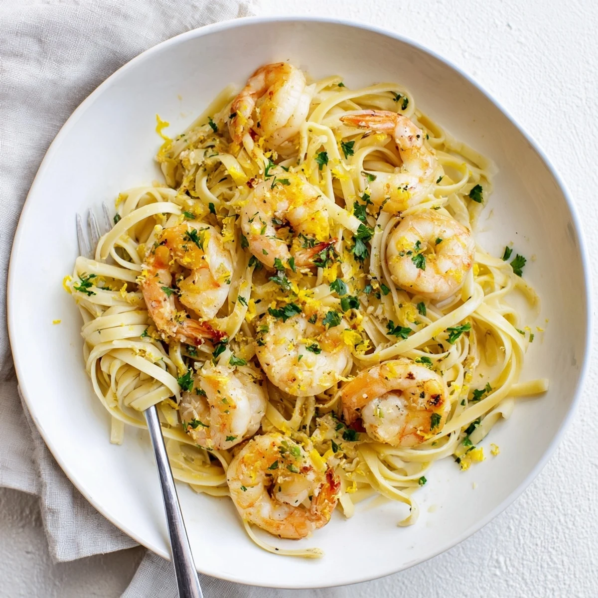 Al dente Linguine mit saftigen Garnelen in cremiger Knoblauch-Butter-Sauce, mit frischer Petersilie bestreut.