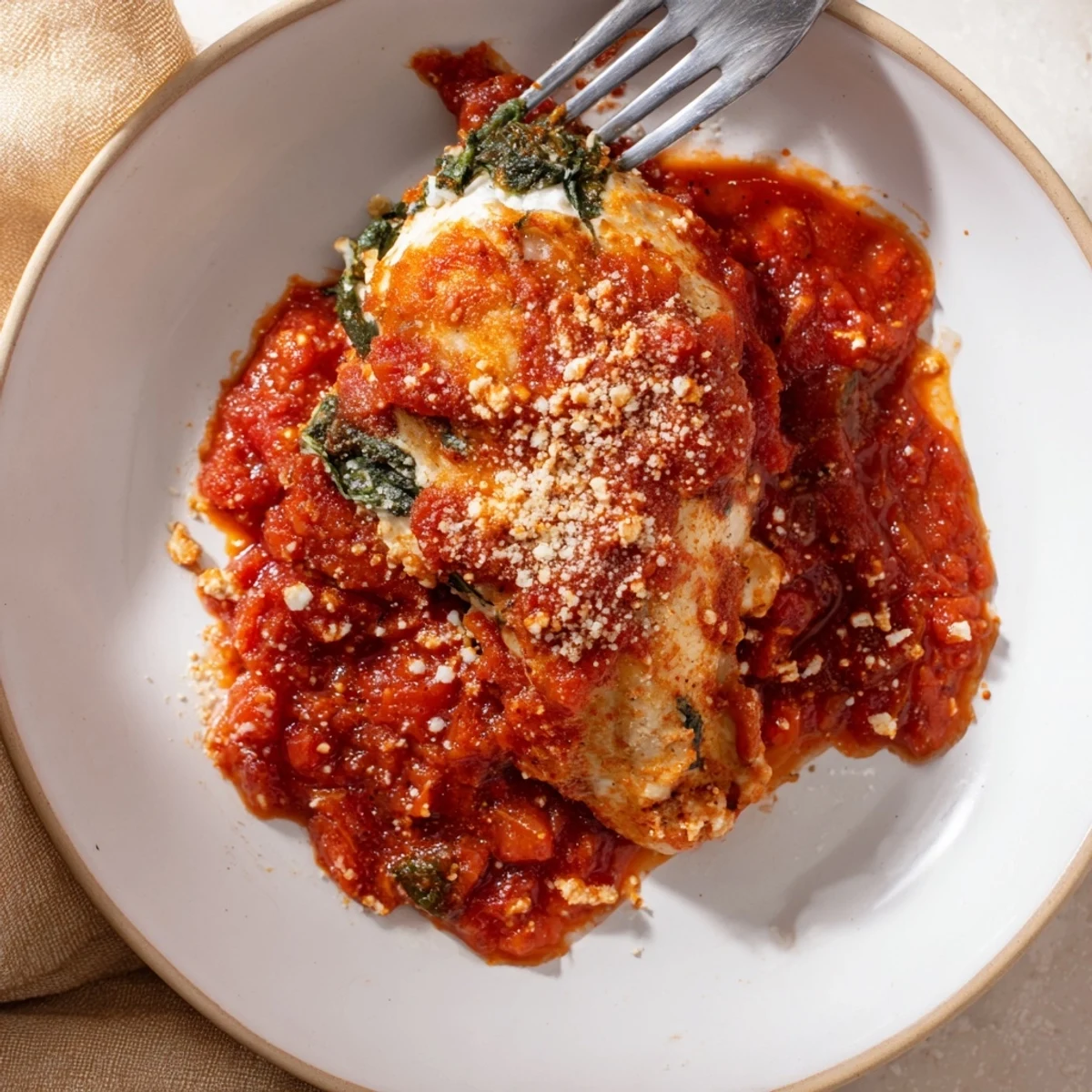 Golden-baked Spinach Ricotta Stuffed Chicken breasts rest in a rich, bubbling tomato sauce in a cast-iron skillet, garnished with fresh basil and a dusting of Parmesan.