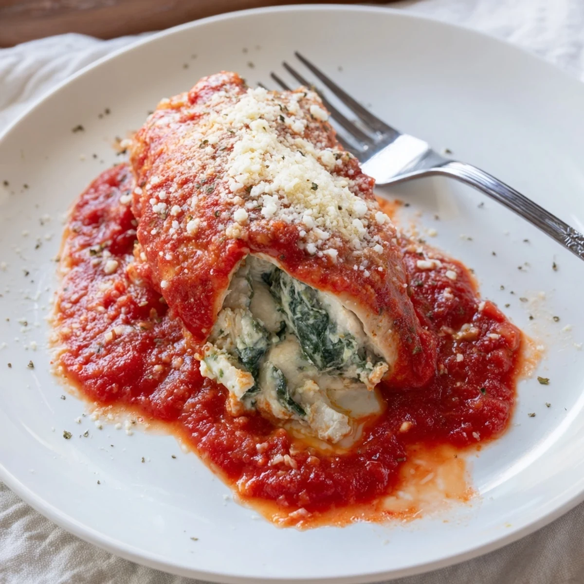 Freshly baked Spinach Ricotta Stuffed Chicken breast sliced open to reveal a creamy, vibrant green filling of ricotta and spinach, served alongside roasted cherry tomatoes and herbs.