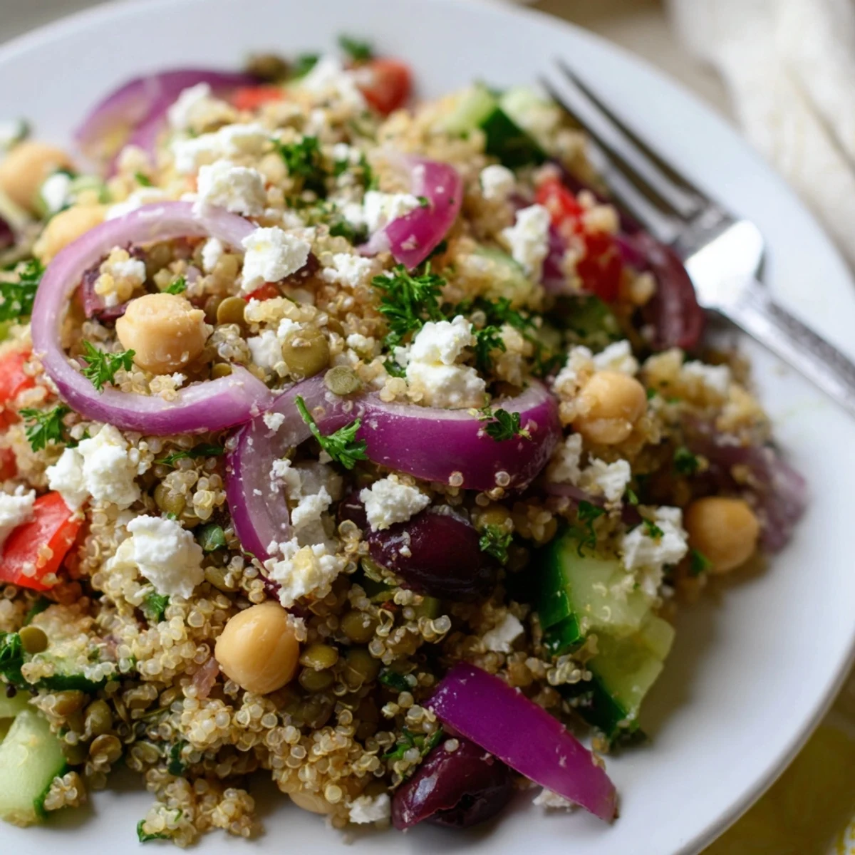 Kochlektisch angerichteter griechischer Power-Salat mit frischem Gemüse und Feta, perfekt für eine gesunde Mahlzeit.  