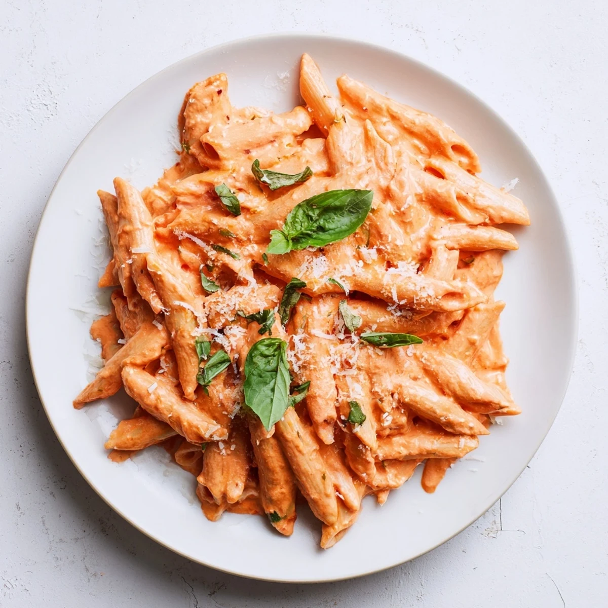 Creamy Roasted Red Pepper Pasta with fresh basil and extra Parmesan on a white plate.