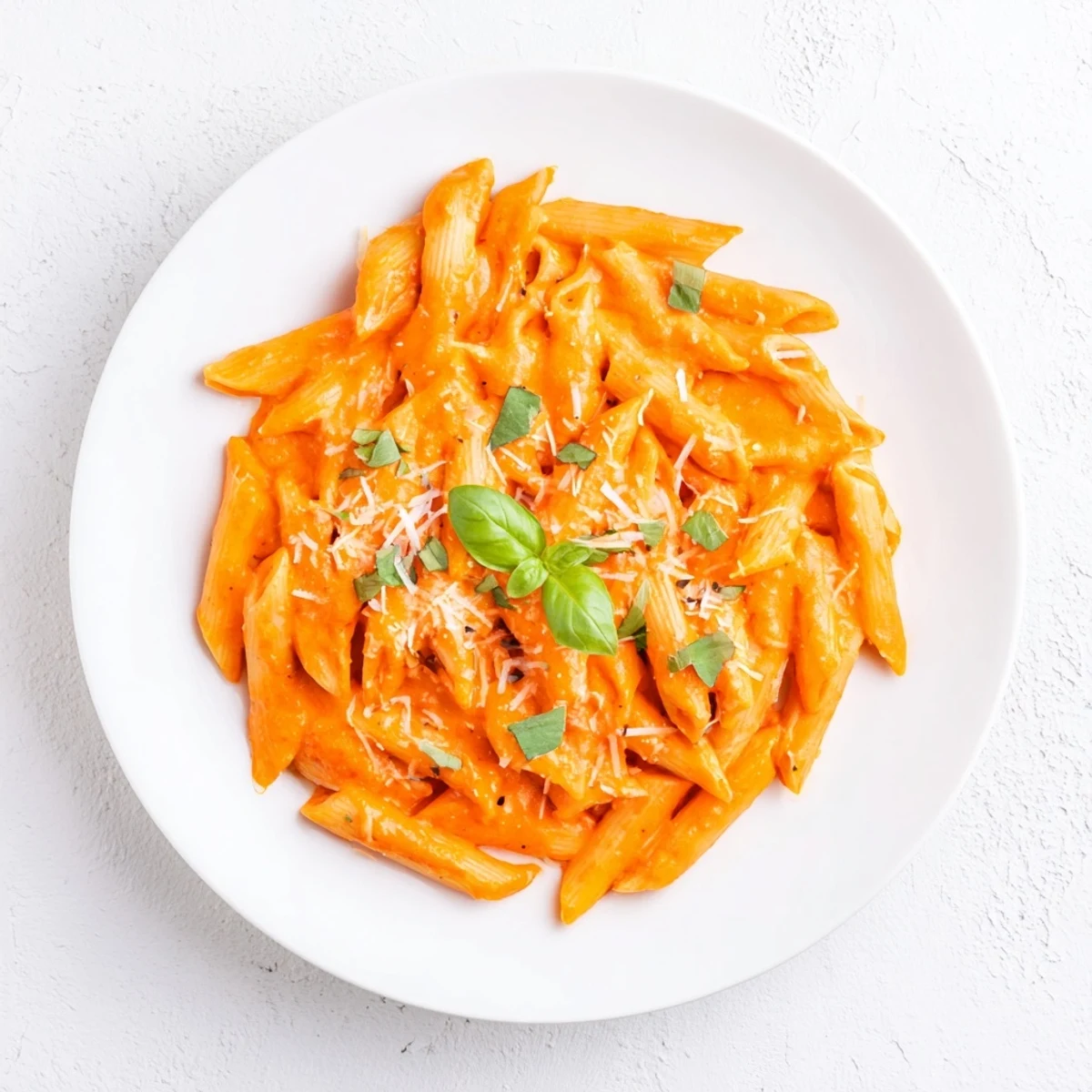 A bowl of Creamy Roasted Red Pepper Pasta topped with fresh basil and grated cheese.