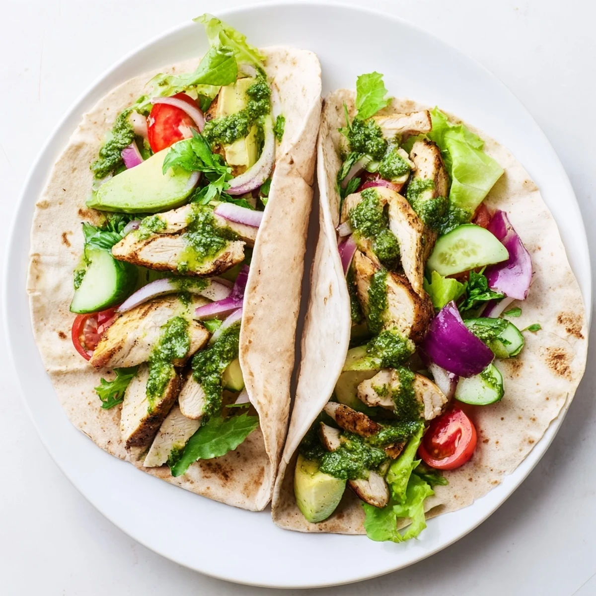 Der Chimichurri Chicken Salad Wrap liegt mit Koriander, Petersilie und rostigen Tortillas auf einer hellen Oberfläche.