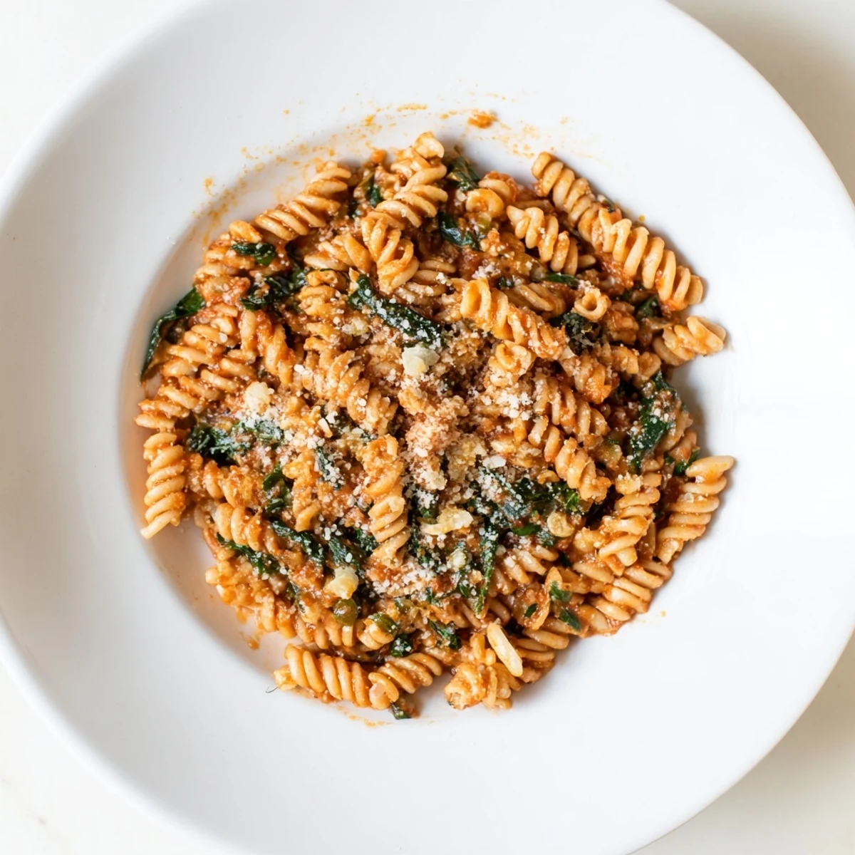 Tomato Spinach One-Pot Rotini mit frischer Babyspinat, saftigen Tomaten und Parmesan, gerichtet auf einem weißen Teller serviert.  