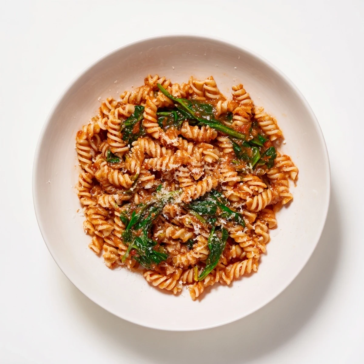 Ein Topf Tomato Spinach One-Pot Rotini wird mit cremigem Parmesan gerührt, garniert mit glasigem Spinat und würziger Oregano-Vinaigrette.  
