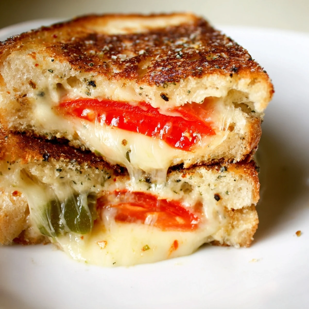 Ein gebratenes Sandwich mit Pepper Jack und frischen Tomatenscheiben, serviert auf jalapeño-studded Brot für extra Schärfe.