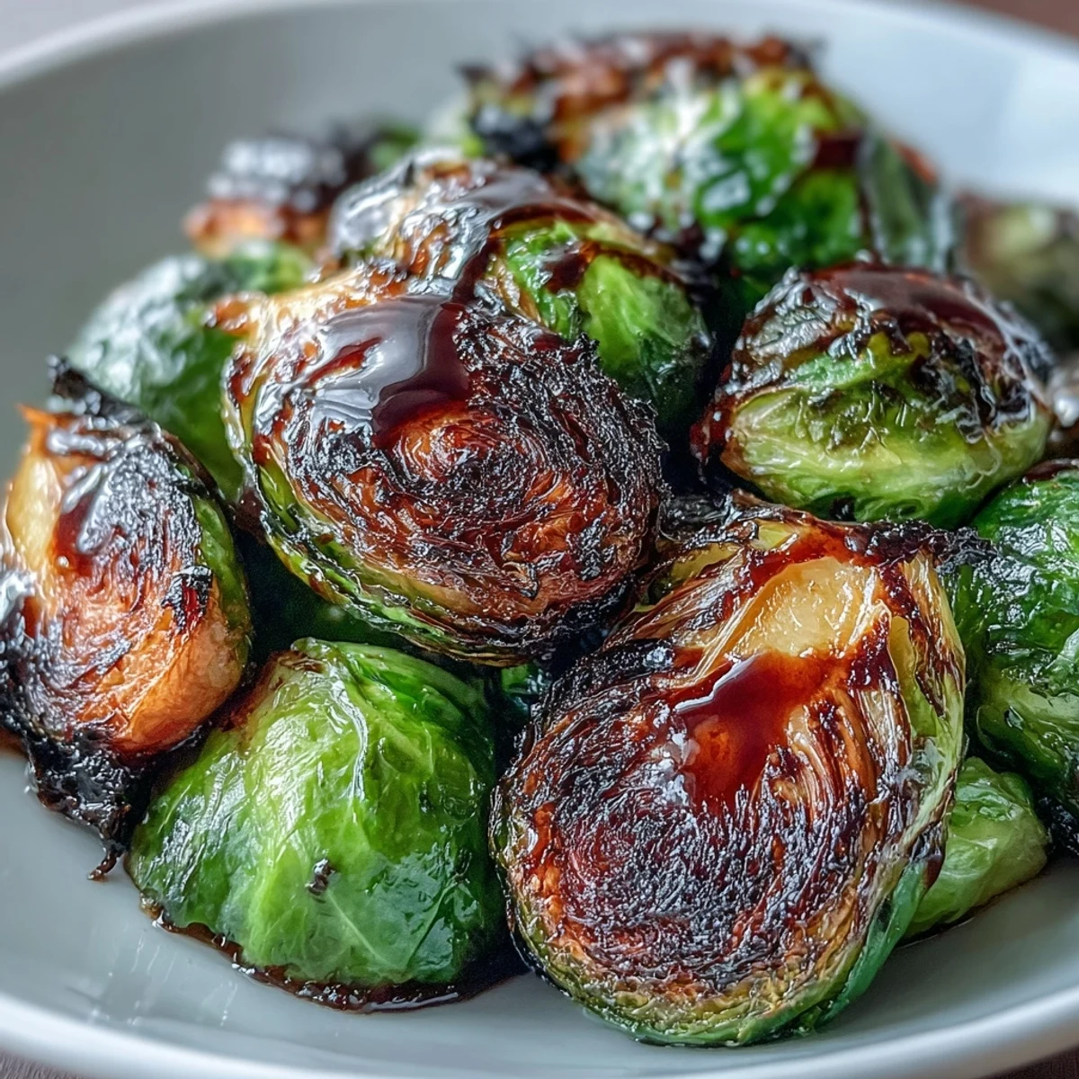 Geröstete Rosenkohlröschen mit karamellisierter Balsamico-Glasur und knusprigen Spitzen.