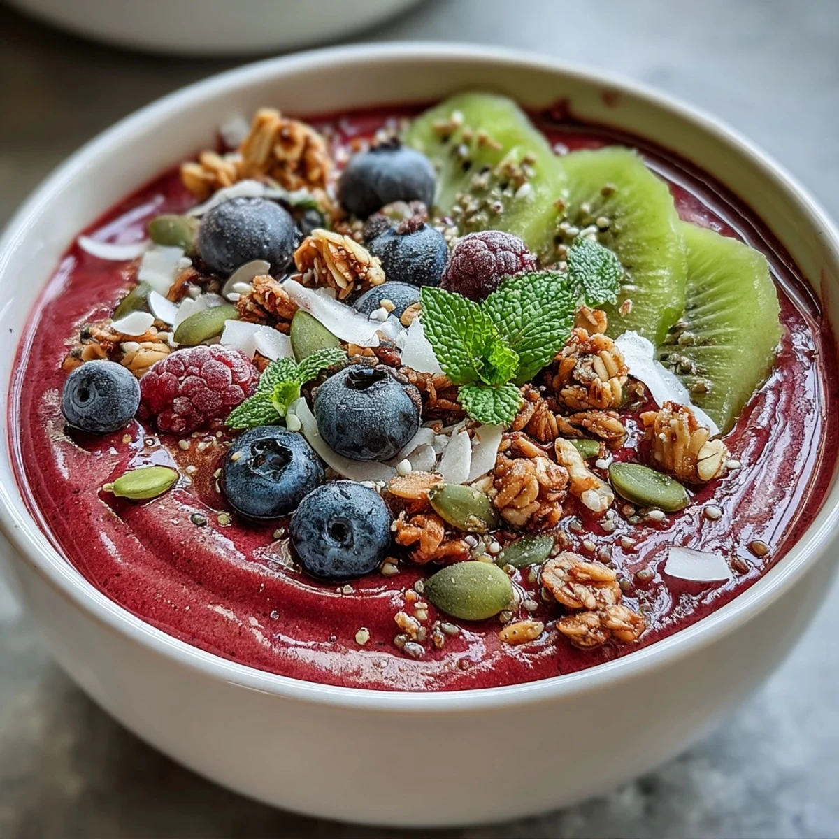 Eine Schüssel mit glattem, rosa-violettem Beet-und-Beeren-Smoothie, üppig mit knusprigem Granola, frischen Früchten und Kürbiskernen garniert.