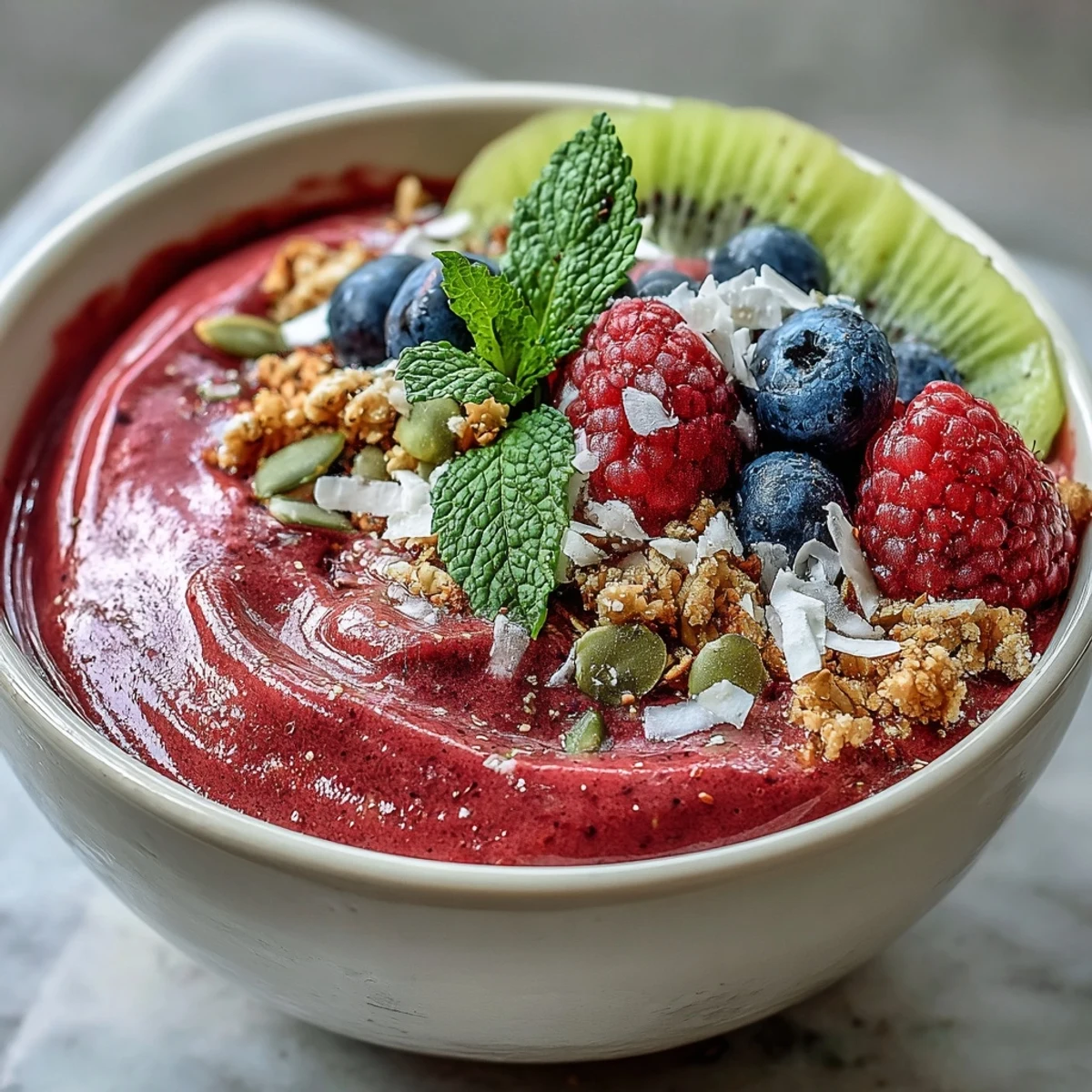 Im Beet-und-Beeren-Smoothie-Bowl glänzen leuchtende Früchte über cremiger Smoothie-Basis mit herbstlichen Noten und erdigem Beet-Aroma.