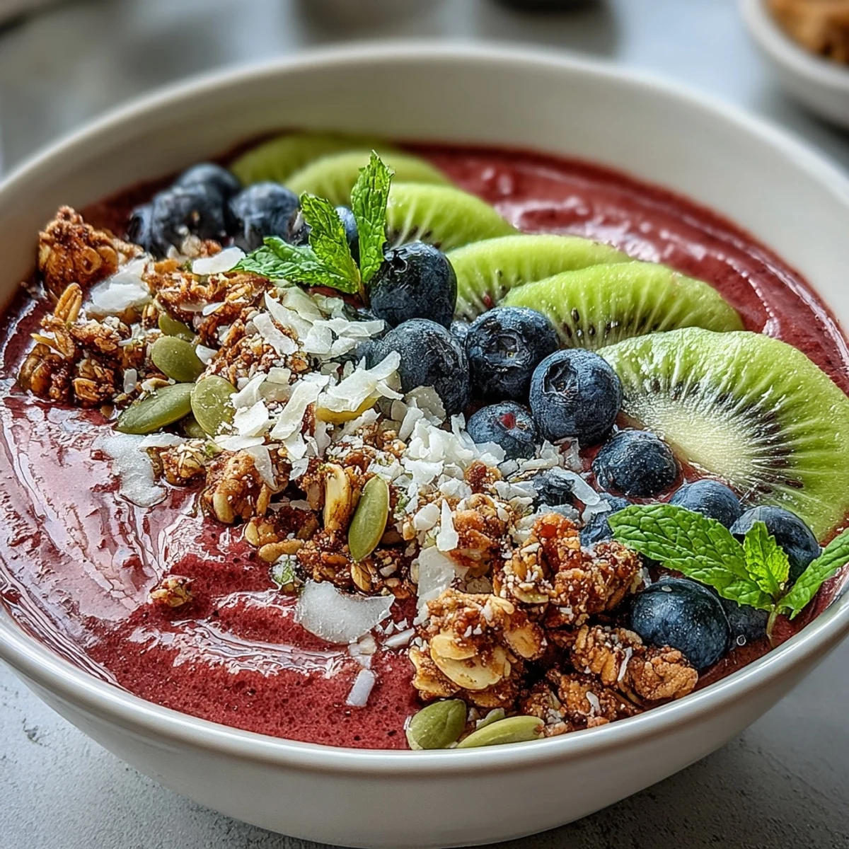 Frischer Beet-und-Beeren-Smoothie-Bowl für den Frühstückstisch, mit Erdbeeren, Kiwi, Kokosraspeln und zarter Minze auf cremiger Basis.