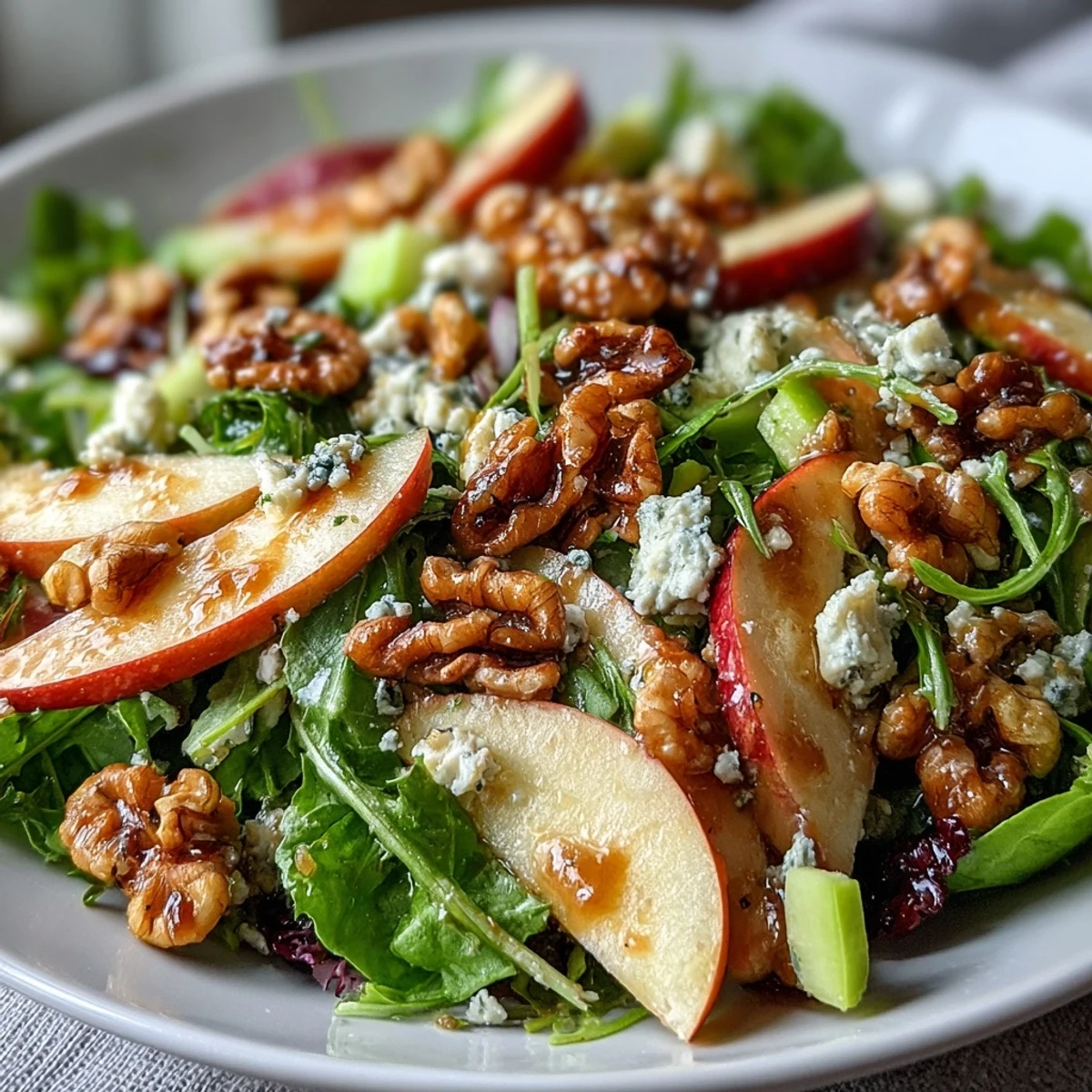 Herzhafter Apfel-Walnuss-Salat, ein schnelles, glutenfreies Gericht mit knackigen Nüssen.