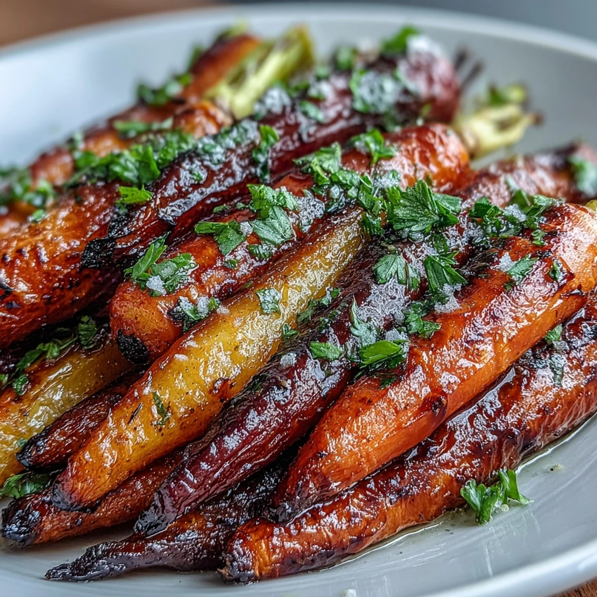 Bunte Regenbogenkarotten aus dem Ofen mit würzigem Hummus serviert, perfekt zum Teilen.