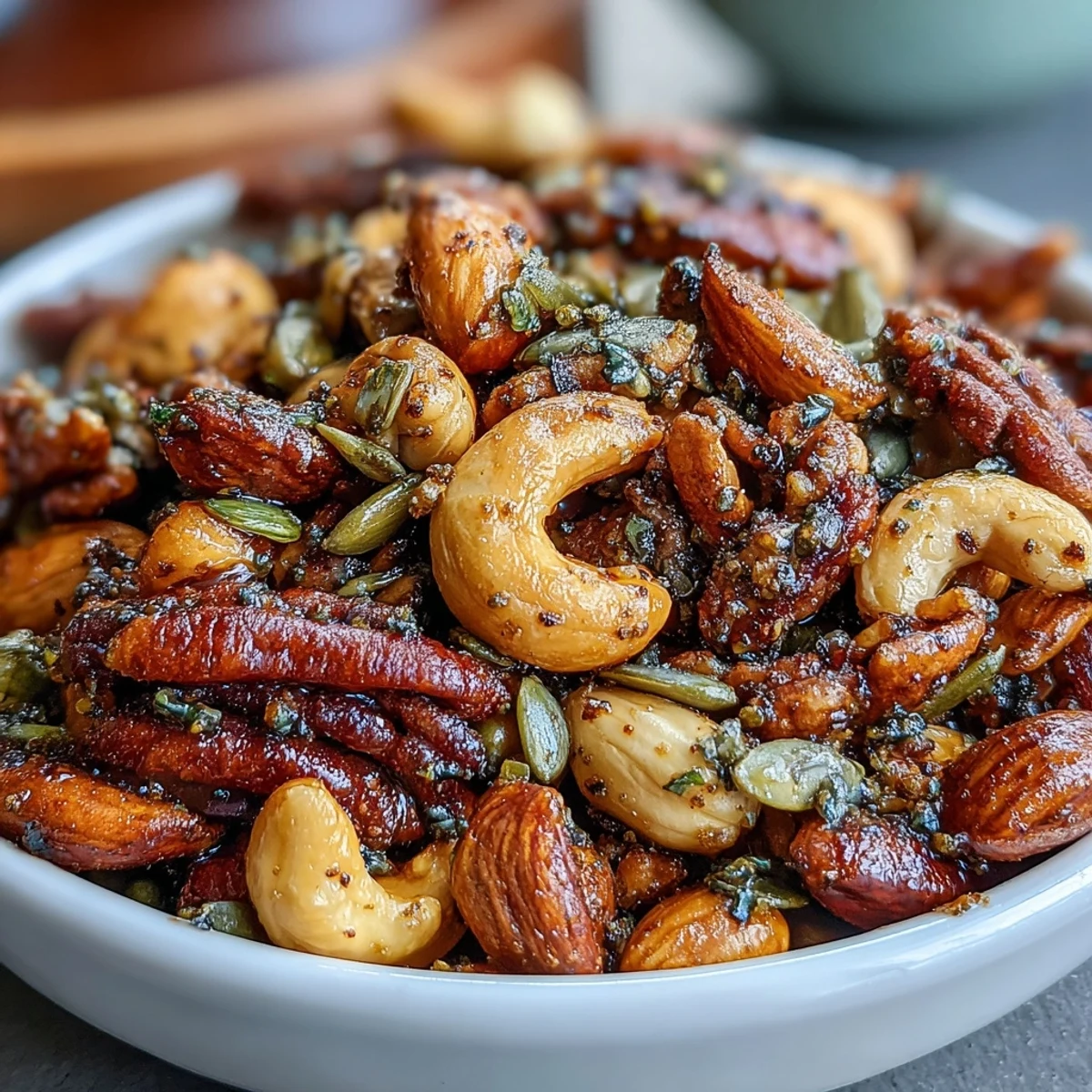 Gewürzte Nüsse und Samen Mix mit Rosmarin, Salz und aromatischem Rauchpaprika auf Backblech.