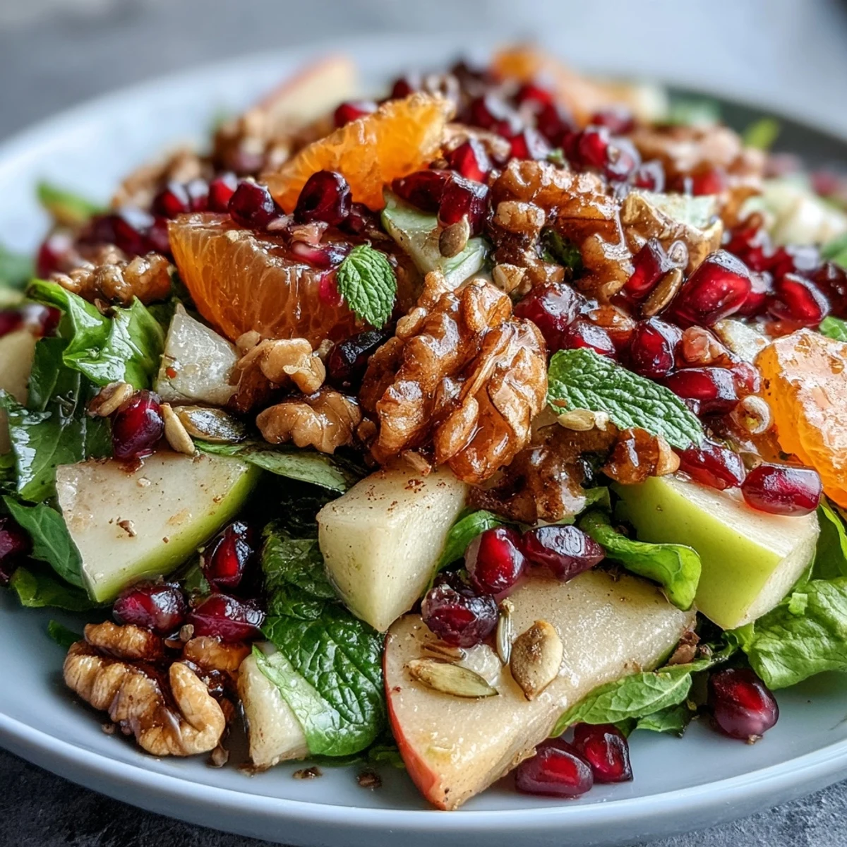 Fröhliche Pomegranate und Walnut Salad auf einem Teller, üppig mit Granatapfelkernen, Walnüssen und frischer Minze bestreut.