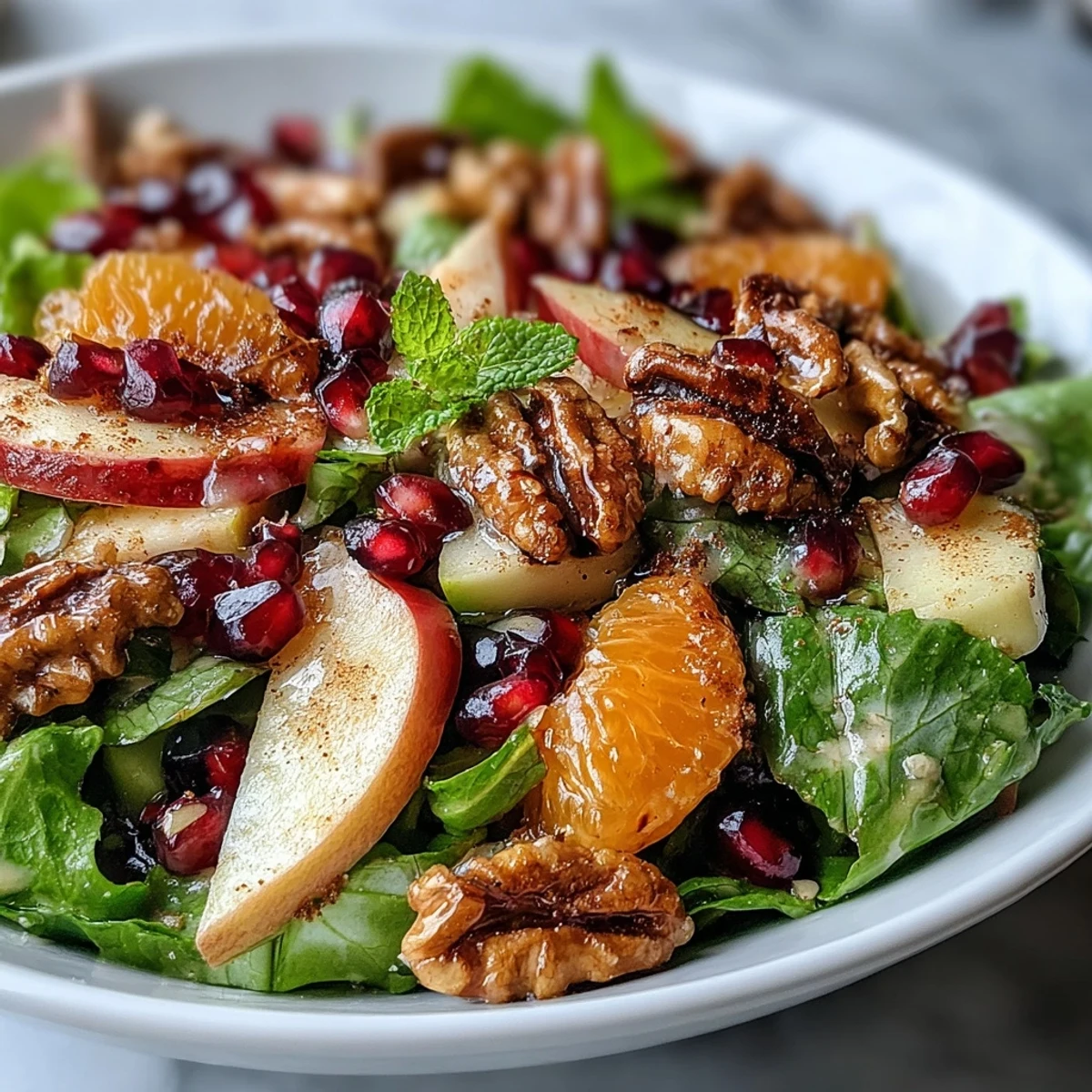 Pomegranate und Walnut Salad mit knackigen Walnüssen, Kürbis- und Sonnenblumenkernen sowie saftigen Orangen- und Apfelstückchen.