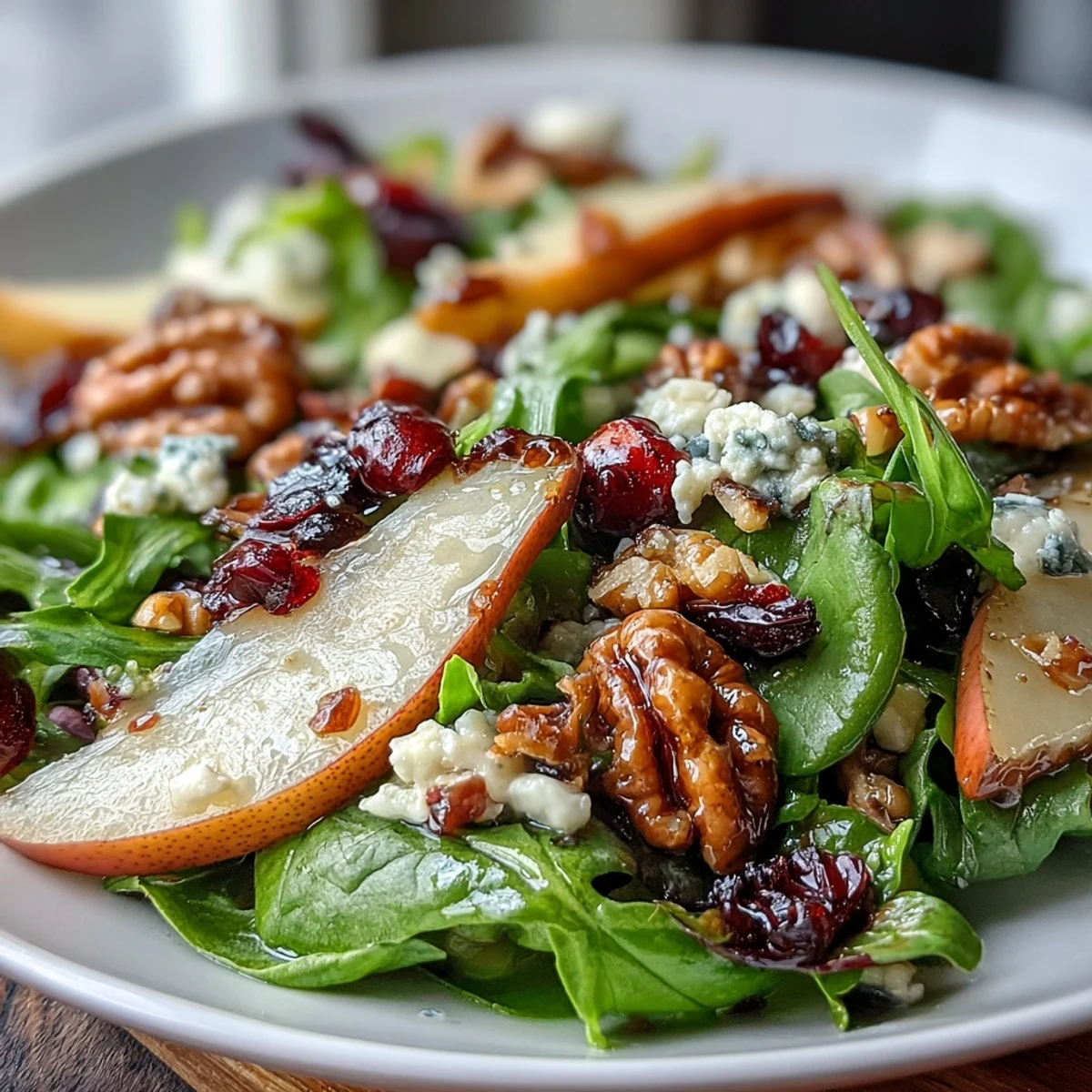 Bereit zum Servieren: Cremiger Gorgonzola und süße Birne auf frischem Blattgemüse mit Walnüssen.  