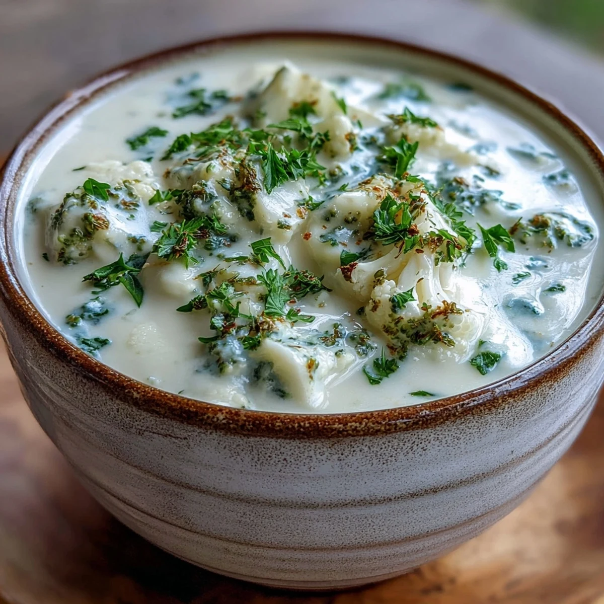 Ultra-creamy Vegetable Soup in a white bowl, garnished with fresh parsley and a swirl of cream. 