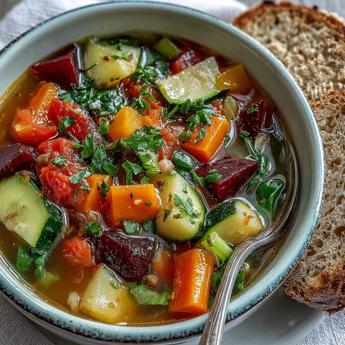 Rainbow Vegetable Detox Soup in a white bowl, garnished with fresh parsley and a lemon wedge, ready to eat.