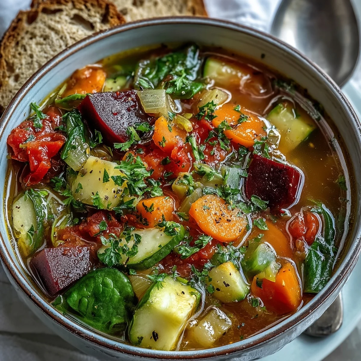 Overhead view of homemade Rainbow Vegetable Detox Soup, packed with colorful vegetables and served alongside crusty bread.