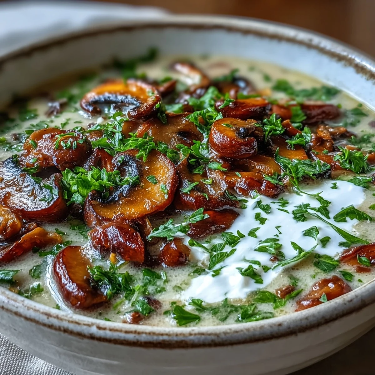 Cremige Pilz-Stroganoff-Suppe mit Petersilie und einem Klecks Sahne im Teller