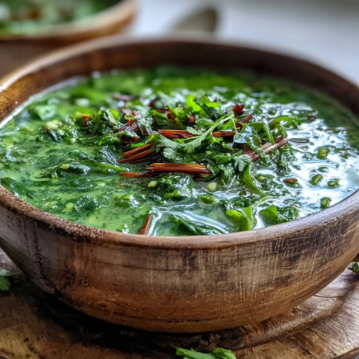 Frisch zubereitete Spinach Coriander Lemongrass Soup in cremiger Kokosmilchbasis, garniert mit Koriander und Chili.