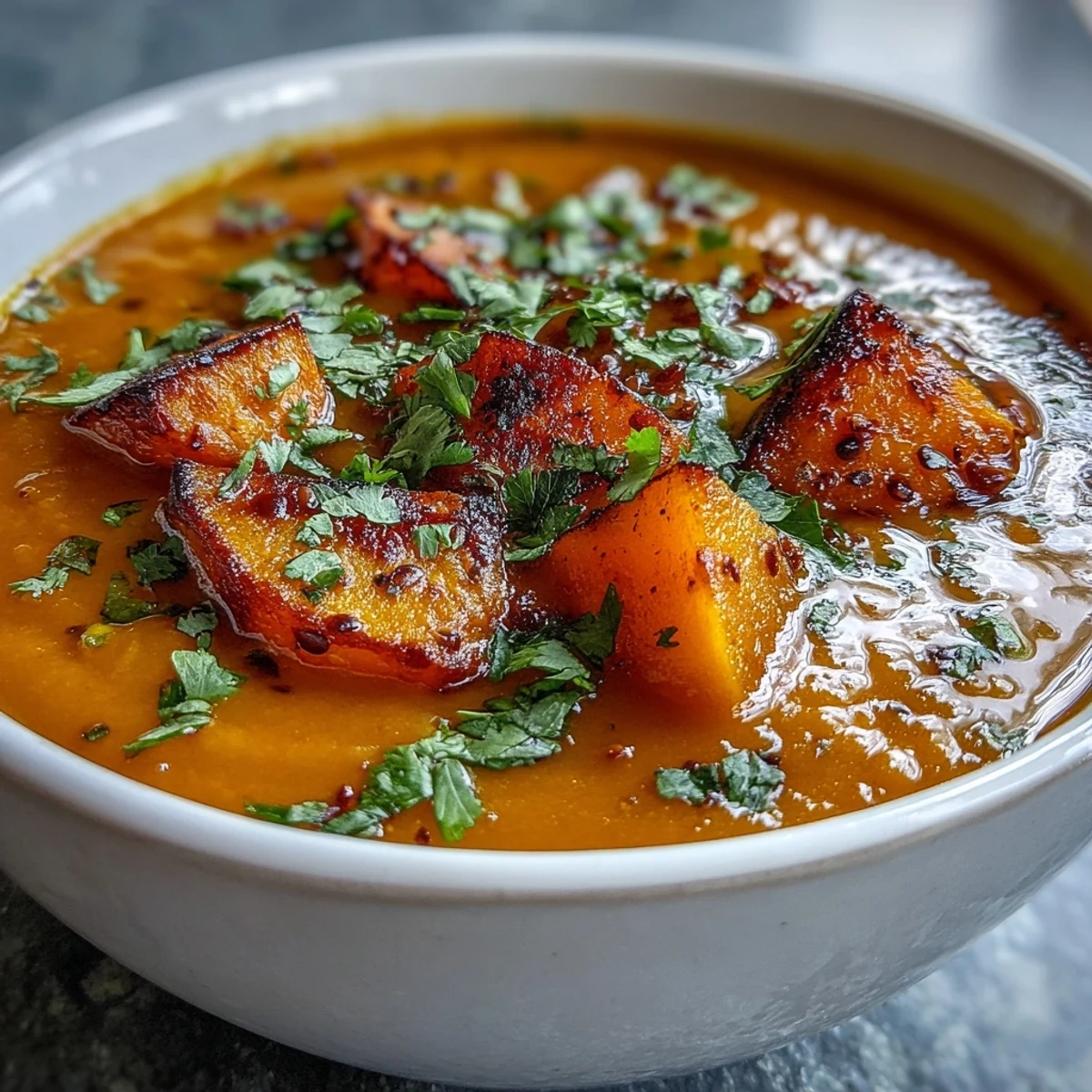 Cremige Butternut Squash und Linsen Suppe dampft in einem Topf, bereit zum Servieren.