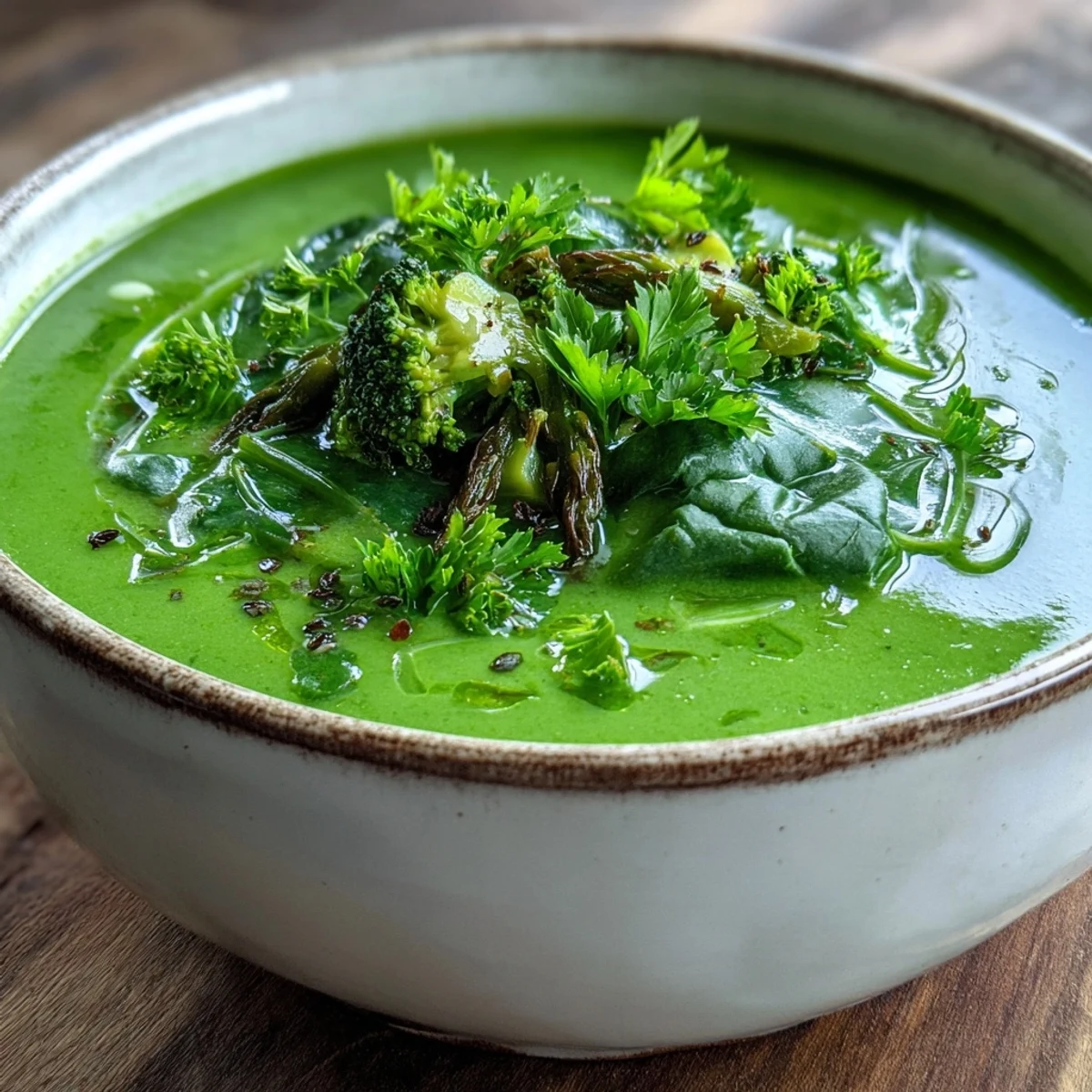 Big Green Immunity-Boosting Vegetable Soup: creamy, vibrant green soup in a white bowl, a wooden spoon dipping in.