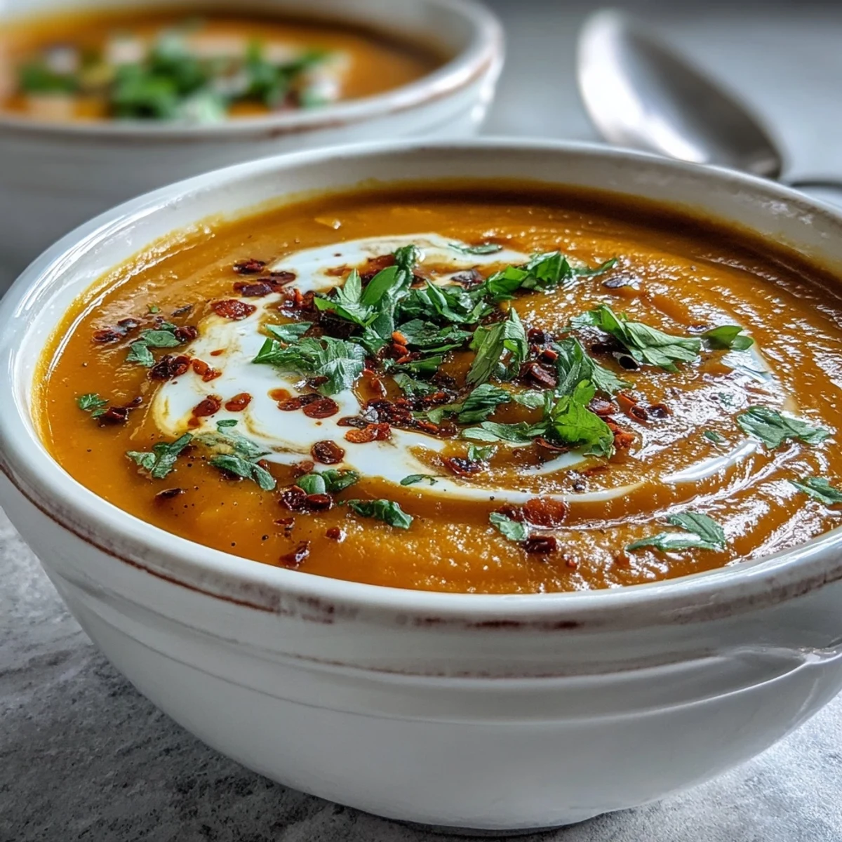 Gelbe Karotten und braune Selleriewurzel verwandeln sich in cremige Carrot, Celeriac and Chilli Soup. Eine orangefarbene Schüssel mit leuchtender Suppe, garniert mit Koriander und einem Klecks Kokosjoghurt. Die bekömmliche Suppe dampft warm im Topf, mit einer Prise Chiliflocken für sanfte Schärfe. Für eine gemütliche Mahlzeit serviert mit knusprigem Brot und einem Spritzer Zitrone.