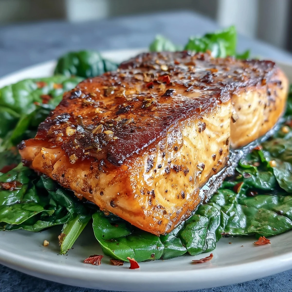 Crispy Air Fryer Salmon and Swiss Chard fillets topped with lemon wedges on a white plate.