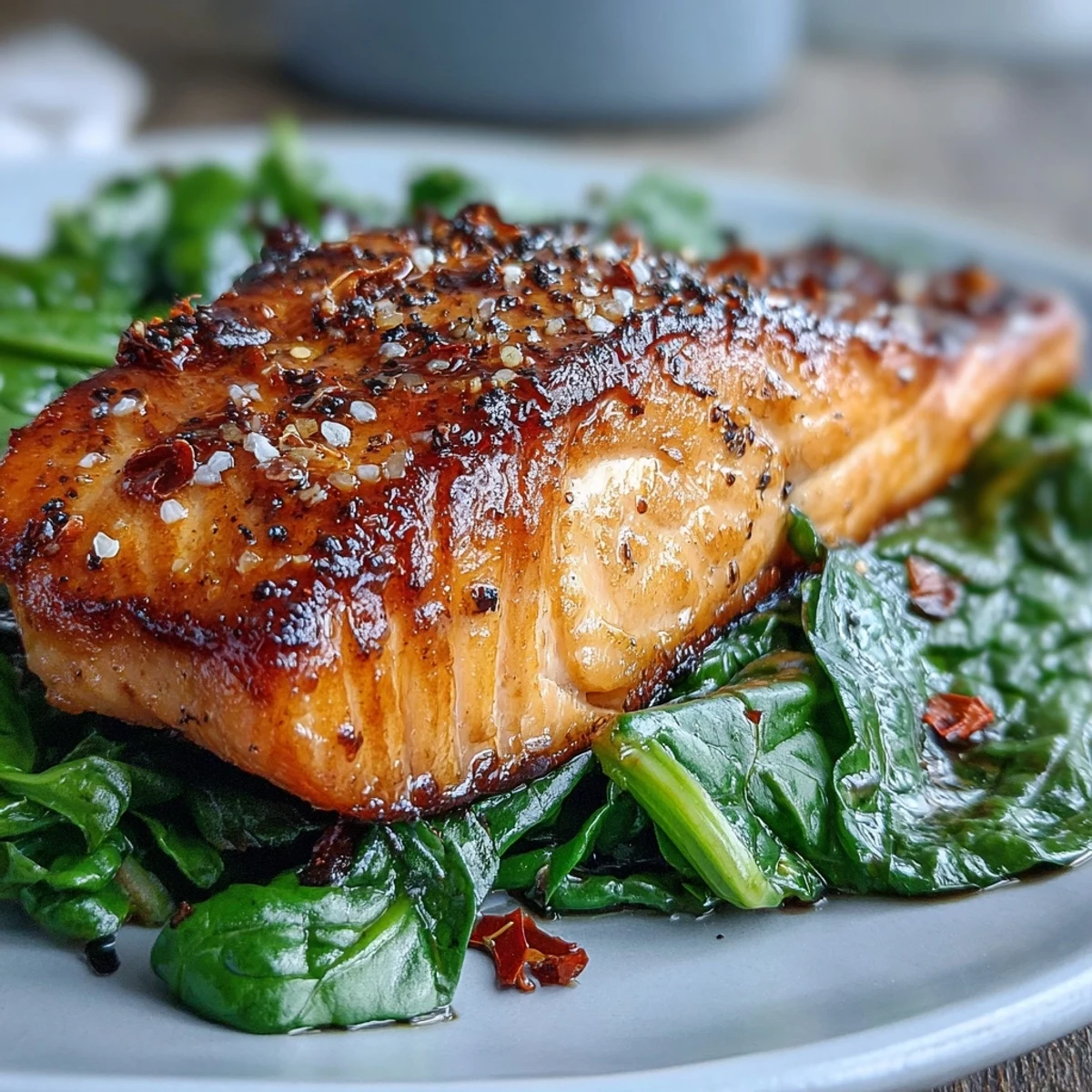 Golden Air Fryer Salmon and Swiss Chard recipe served hot with garlic and lemon.