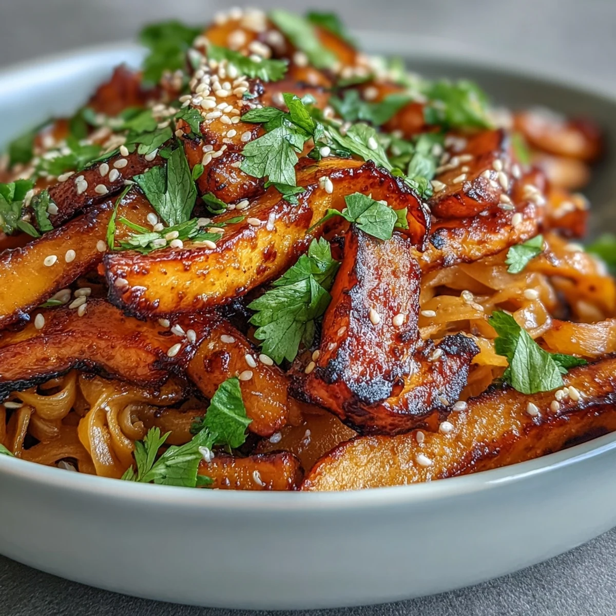 Gochujang Swede Noodles mit knusprig gebratenem Swede und frischen Frühlingszwiebeln serviert.